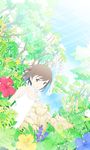  bare_shoulders brown_eyes brown_hair flower forest hebitsukai hibiscus highres jungle leaf nature open_mouth original scenery short_hair solo tree water waterfall 