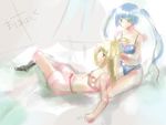  1girl adjusting_hair bad_id bad_pixiv_id blonde_hair bloomers blue_bra blue_hair blue_panties bra lingerie long_hair maria_holic navel otoko_no_ko panties red_eyes shidou_mariya shinouji_matsurika socks twintails underwear underwear_only 