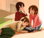  brown_eyes brown_hair closed_eyes couch fukutarou_(enji127) glasses hirasawa_ui hirasawa_yui k-on! lap_pillow manabe_nodoka multiple_girls short_hair sleeping sweater 