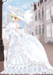  alternate_costume artoria_pendragon_(all) bad_id bad_pixiv_id big_hat blonde_hair blue_eyes chize closed_umbrella dress fate/stay_night fate_(series) gown hat lace planted_umbrella puffy_sleeves saber solo umbrella white_dress 