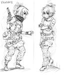  adapted_costume alternate_costume boots bow contemporary crossed_arms finger_on_trigger gloves greyscale gun hair_bow handgun kurodani_yamame lleu military military_operator monochrome pants ponytail pouch revolver short_hair sketch solo touhou weapon 