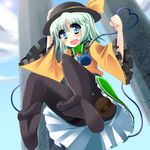  black_legwear blue_eyes eyeball green_hair hainakku hat hat_ribbon komeiji_koishi no_shoes onbashira open_mouth pantyhose ribbon short_hair silver_hair skirt smile solo sun_hat thighband_pantyhose third_eye touhou 