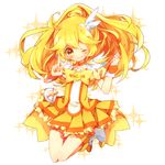  arms_up bad_id bad_pixiv_id blonde_hair blush boots bow brooch choker cure_peace hair_flaps hair_ornament jewelry jumping kise_yayoi long_hair magical_girl one_eye_closed orange_choker ponytail precure shimogu shorts shorts_under_skirt skirt smile smile_precure! solo v wide_ponytail wrist_cuffs yellow yellow_bow yellow_eyes yellow_shorts yellow_skirt 