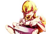  bad_id bad_pixiv_id bare_shoulders blonde_hair doughnut fang food long_hair marimo_shounen monogatari_(series) nisemonogatari oshino_shinobu pointy_ears solo strap_slip yellow_eyes 