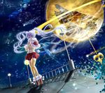  blue_eyes blue_hair boots digital_dissolve dutch_angle gears hatoyama_rin hatsune_miku highres long_hair musical_note planet skirt sky smile solo star_(sky) starry_sky thighhighs twintails very_long_hair vocaloid zettai_ryouiki 