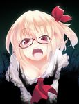  ascot bad_id bad_pixiv_id bespectacled blonde_hair blush colorized downblouse face fang glasses looking_at_viewer matsuyama_nozomu ogami_kazuki one_side_up open_mouth red-framed_eyewear red_eyes rumia solo touhou 