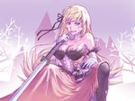  bare_shoulders blonde_hair blood blood_stain breasts cleavage dress elbow_gloves gloves hair_ribbon highres katana kiss-shot_acerola-orion_heart-under-blade large_breasts long_hair monogatari_(series) naughty_face ribbon sitting skull solo sword very_long_hair weapon yellow_eyes yoshikawa_kazunori 