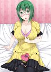  arm_support blush box bra breasts cleavage cum cum_on_body cum_on_clothes cum_on_upper_body dress gift glasses green_eyes green_hair heart-shaped_box infinite_stratos kaerunoashi large_breasts lingerie on_bed short_hair sitting solo underwear valentine yamada_maya_(infinite_stratos) 