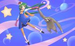  animal blush_stickers brown_eyes claws commentary floating gloves green_hair hat holding_hands john_su long_hair original planet scarf shoes sloth_(animal) smile star twintails what 