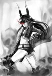  bikini_top black_gold_saw black_hair black_rock_shooter burning_eye greyscale highres horns jacket king_saw long_hair looking_back midriff monochrome sailex shorts skull solo spot_color sword weapon 