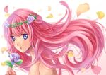  absurdres bad_id bad_pixiv_id blue_eyes flower hair_flower hair_ornament highres holding holding_flower long_hair megurine_luka petals pink_hair purple_flower purple_rose rose sakura_ran solo topless vocaloid 