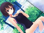  amagami bare_shoulders black_eyes black_hair chain-link_fence competition_swimsuit day dutch_angle fence hand_on_own_chest hao_(patinnko) looking_at_viewer nanasaki_ai one-piece_swimsuit outdoors pool poolside short_hair sitting soaking_feet solo swimsuit tree water 