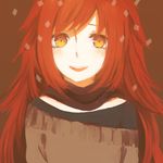  :d bad_id bad_pixiv_id brown_background flaky happy_tree_friends lemontea long_hair open_mouth orange_eyes red_hair scarf smile snowing solo 
