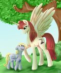  blonde_hair cutie_mark derpy_hooves_(mlp) duo equine female feral friendship_is_magic hair horn lauren_faust_(character) mammal my_little_pony outside pegasus red_hair sketchride tree winged_unicorn wings wood 
