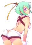  aquarion_(series) aquarion_evol ass bad_id bad_pixiv_id breasts butt_crack from_behind green_hair looking_back medium_breasts nika_(intention) purple_eyes short_hair short_shorts shorts simple_background solo white_background zessica_wong 