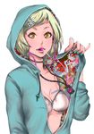  absurdres bikini blonde_hair breasts candy choker cleavage earphones face food hair_ornament hairclip highres hood hoodie jewelry lips lollipop nail_polish necklace original simple_background small_breasts solo swimsuit tattoo white_background wyx2 yellow_eyes 