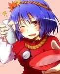  ;) alcohol blue_hair blush breasts brown_eyes cup hair_ornament highres leaf medium_breasts one_eye_closed open_mouth sakazuki sake short_hair simple_background smile solo star tokkuri touhou yasaka_kanako yutamaro 