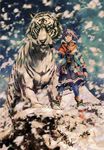  :| animal closed_mouth hand_on_another's_face highres original pink_eyes pink_hair skirt snow snowing socks standing tail tiger white_tiger wyx2 