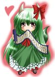  blush bow chibi dress ex-keine green_hair heart horn_ribbon horns kagura_chitose kamishirasawa_keine long_hair mouth_hold ribbon solo tail touhou 