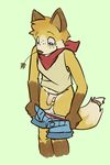  briefs canine clothing emerald-physics flaccid fox happy hay looking_down male mammal penis plain_background scarf shirt shorts smile solo tail_ring tank_top uncut underwear undressing white_background young 