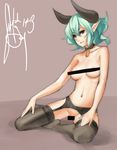  bar_censor black_legwear breasts censored choker collar colorized commentary demon_girl eu03 fiend_(juniper's_knot) frilled_legwear frills garter_belt green_hair horns juniper's_knot medium_breasts navel nipple_censor no_panties pointy_ears short_hair sketch solo succubus thighhighs topless underwear underwear_only wavy_hair 