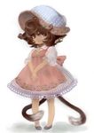  absurdres alternate_costume animal_ears blue_eyes brown_hair cat_ears cat_tail chen child dress full_body hands_together hat highres jewelry mochisuni multiple_tails open_mouth own_hands_together shoes short_hair simple_background single_earring solo tail touhou 