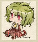  :&gt; artist_name ascot blush_stickers border chibi dress green_hair kazami_yuuka open_mouth plaid plaid_dress red_eyes sakurai_haruto sitting skirt smile solo touhou traditional_media watercolor_(medium) wide_face 