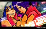  alice_ip blue_hair brown_eyes crazy_eyes dance_dance_revolution fingersmile gloves hood hoodie multiple_girls purple_hair ringed_eyes scorccio sharp_teeth sleeveless sleeveless_hoodie teeth text_focus toshiba_emi 