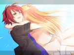  1girl bad_id bad_pixiv_id blush boku_to_maou couple dress fingernails from_behind green_eyes hand_on_another's_head happy hetero hug long_hair nagonmaou one_eye_closed open_mouth orange_hair princess_marlene red_hair ruka_(boku_to_maou) shirt skirt sky spoilers striped striped_shirt sunlight 