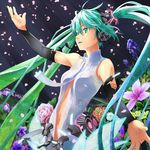  bad_id bad_pixiv_id bridal_gauntlets center_opening flower green_eyes green_hair hatsune_miku hatsune_miku_(append) headphones headset highres long_hair navel necktie outstretched_arms petals solo twintails very_long_hair vocaloid vocaloid_append warakatsuki 