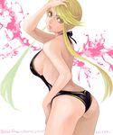  acha adjusting_hair ass bare_hips bare_shoulders blonde_hair blue_eyes breasts drawr from_behind kasuga_(sengoku_basara) large_breasts lips long_hair looking_back one-piece_swimsuit sengoku_basara sideboob solo swimsuit very_long_hair 