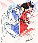  black_hair blue_eyes blue_hair hair_ribbon horn japanese_clothes katana konngara long_hair looking_at_another multiple_girls ponytail profile red_eyes ribbon sariel scabbard sheath smkd2 staff sword touhou touhou_(pc-98) weapon wings 