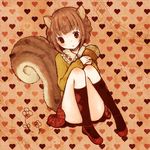  1st-mn acorn animal_ears brown_eyes brown_hair flower heart heart_background original plaid plaid_skirt skirt socks solo squirrel_ears squirrel_tail tail 