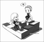  1girl ariadne arthur_(inception) character_name chess_piece chibi couple dice greyscale heart hetero inception lowres milktea monochrome optical_illusion penrose_stairs spoken_heart stairs 