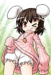  ;q akou_roushi animal_ears bloomers blush brown_hair bunny_ears carrot carrot_necklace inaba_tewi jewelry necklace one_eye_closed pendant red_eyes ribbed_sweater short_hair sleeves_past_wrists solo sweater tongue tongue_out touhou underwear 