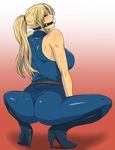  ass ball_gag bare_shoulders bdsm blonde_hair blue_eyes blush bodysuit bondage boots bound breasts from_behind gag gagged gureko_rouman halterneck high_heels knee_boots large_breasts long_hair looking_back ponytail sarah_bryant shoes solo spread_legs squatting sweat virtua_fighter 