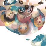  2boys ahoge artoria_pendragon_(all) bad_id bad_pixiv_id black_hair blonde_hair blue_eyes child dress fate/zero fate_(series) frills gilgamesh lancer_(fate/zero) mary_janes mia0309 multiple_boys puddle red_eyes reflection saber shoes umbrella yellow_eyes younger 