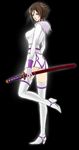  bleach bleach:_zanpakutou_ibun_hen boots breasts brown_hair female full_body genderswap gradient gradient_background high_heel_boots high_heels highres m-37 muramasa solo sword thigh_boots thighhighs weapon zanpakutou_(spirit) 