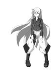  absurdres boots full_body greyscale gun h&amp;k_mp7 heckler_&amp;_koch heterochromia highres infinite_stratos laura_bodewig long_hair looking_at_viewer military monochrome no_eyepatch sikino simple_background solo submachine_gun very_long_hair weapon 