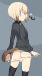  animal ass black_legwear blonde_hair blue_eyes dachshund dog erica_hartmann flat_ass from_behind grey_background heart jacket light_smile looking_back military military_uniform panties panty_pull profile shimada_fumikane short_hair simple_background strike_witches tail thighhighs underwear undressing uniform white_panties world_witches_series 