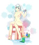  barefoot blue_eyes breasts feet highres long_hair medium_breasts nipples nude original reason_(ficafe) rubber_duck silver_hair sitting solo stool toes twintails 