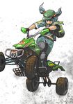  :o action adapted_costume all-terrain_vehicle backpack bag belly_peek black_gloves blue_hair blue_pants cable dandy driving dust gloves green_hat ground_vehicle hair_bobbles hair_ornament hat kawashiro_nitori knee_pads midair navel pants short_sleeves solo standing touhou two_side_up 