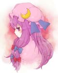  1st-mn bow crescent from_side hair_bow hat long_hair patchouli_knowledge profile purple_eyes purple_hair solo touhou 