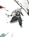  assassin's_creed_(series) assassin's_creed_iii blood bow_(weapon) coat connor_kenway gb_(doubleleaf) gloves highres hood male_focus quiver snow solo tomahawk vambraces weapon 