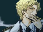  balalaika_(black_lagoon) black_lagoon blonde_hair blue_eyes coat formal genderswap genderswap_(ftm) male_focus naoya_(pixiv) necktie scar smoking solo suit 