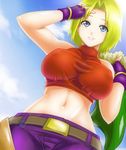  bad_id bad_pixiv_id belt blonde_hair blue_eyes blue_mary breasts covered_nipples crop_top fatal_fury fingerless_gloves from_below gloves hair_intakes halter_top halterneck impossible_clothes jacket_over_shoulder large_breasts midriff navel okyou short_hair solo the_king_of_fighters 