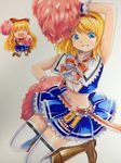  adapted_costume alice_margatroid armpits blonde_hair blue_eyes boots capelet cheerleader closed_eyes marker_(medium) matching_shanghai mayo_riyo midriff navel open_mouth pom_poms race_queen shanghai_doll short_hair smile solo thighhighs touhou traditional_media white_legwear 