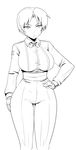  bow bowtie breasts curvy dress_shirt formal gloves greyscale hand_on_hip hips king_(snk) large_breasts lineart monochrome okyou pant_suit ryuuko_no_ken sash shirt short_hair solo suit the_king_of_fighters thigh_gap wide_hips 