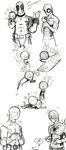  !? 2boys abs belt bodysuit chibi deadpool glomp highres hug jumping male male_focus marvel mask miniboy monochrome multiple_boys muscle shock size_difference spider-man spider-man_(series) surprised sweat yaoi 