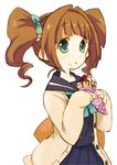  :t bow brown_hair cardigan crepe crumbs eating food green_eyes hair_bow idolmaster idolmaster_(classic) monokuro69 orange_hair school_uniform serafuku skirt solo takatsuki_yayoi twintails 